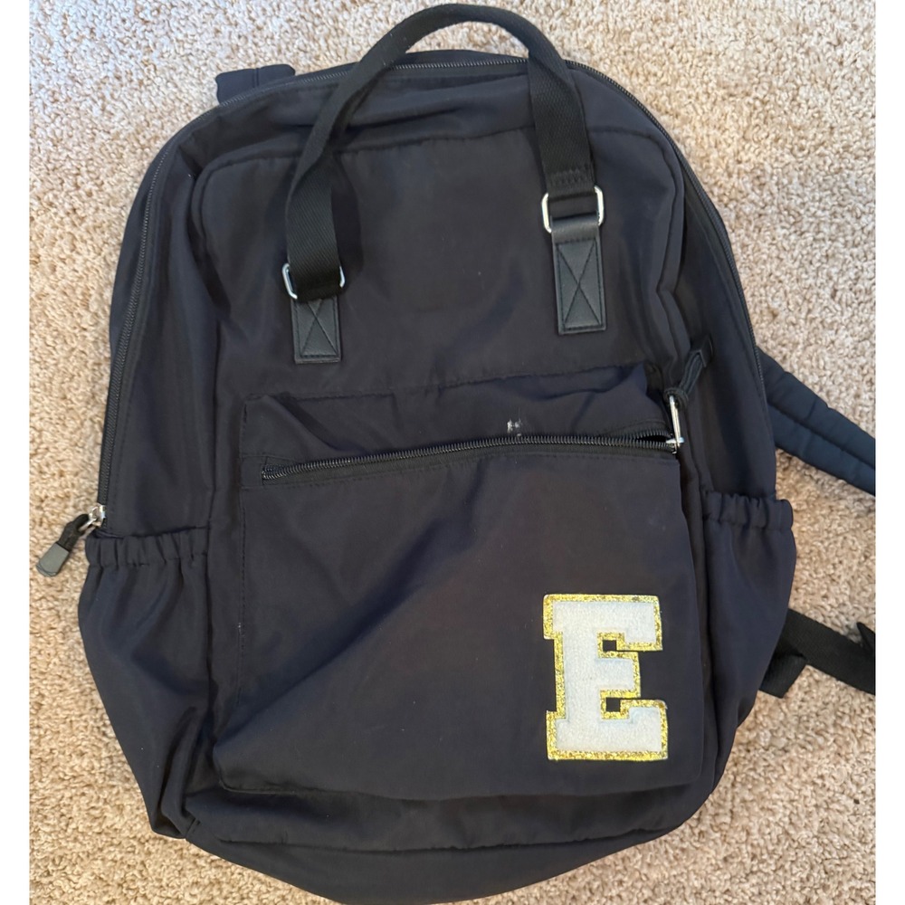 Wild Fable Black Nylon Backpack Varsity Letter E Patch Gold Glitter School Bag
